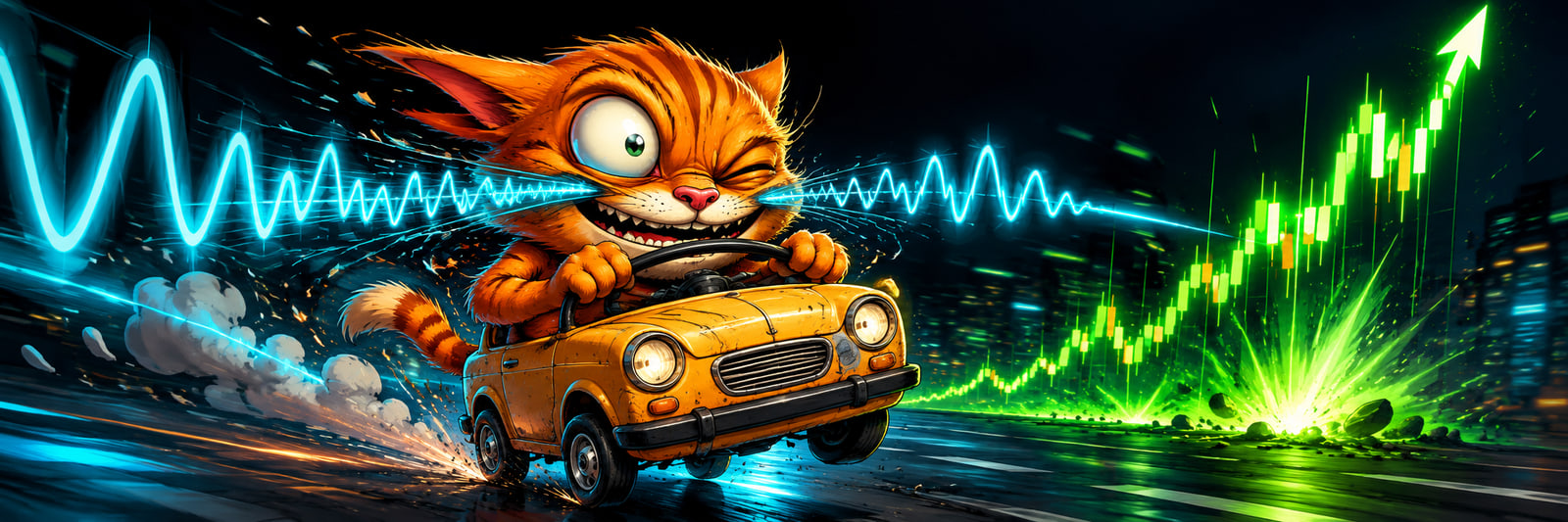 An orange cat flooring a tiny yellow car down a neon waveform toward a green candle chart